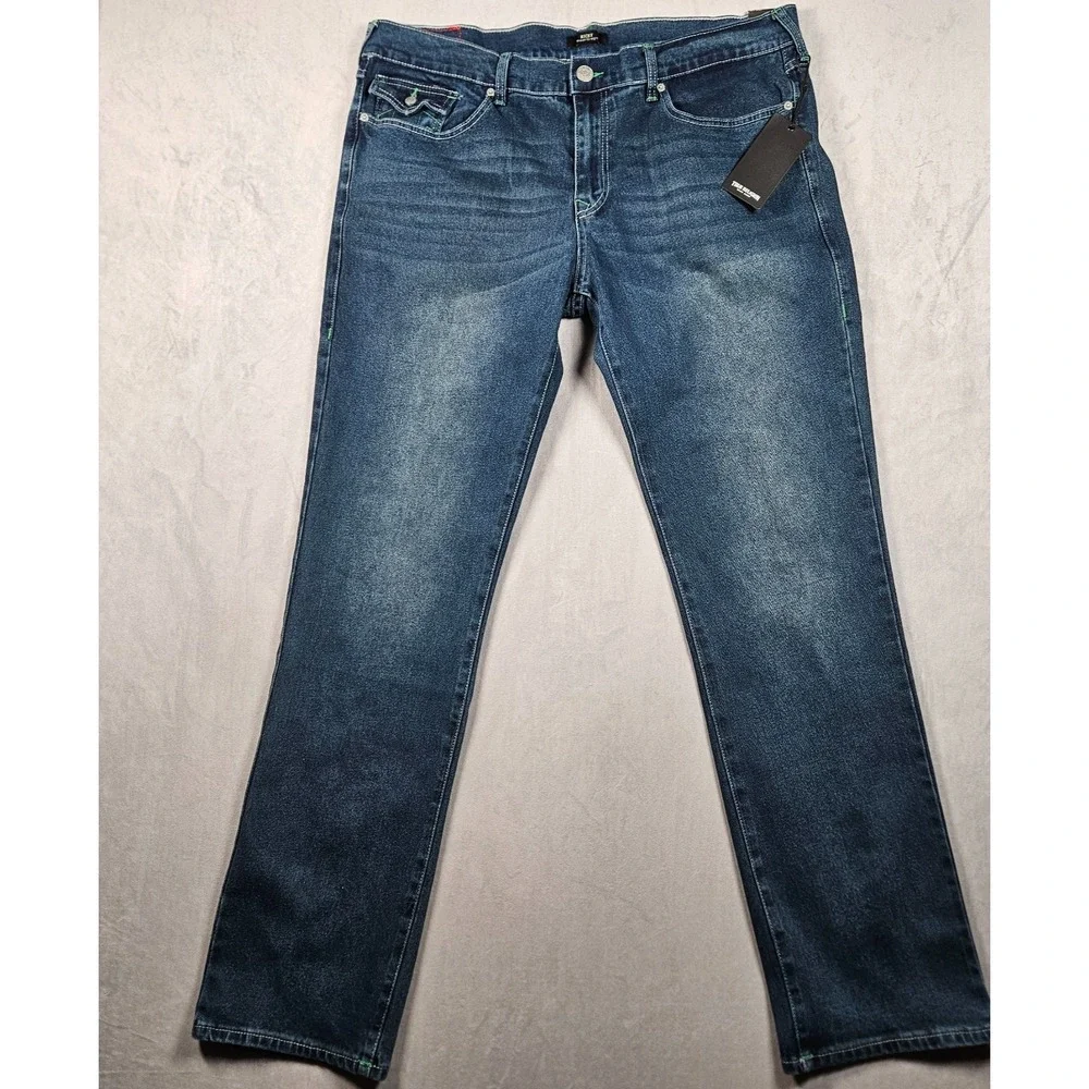 NEW True Religion Ricky Relaxed Straight Jeans Mens 38x34 Dark Wash Flap Pockets